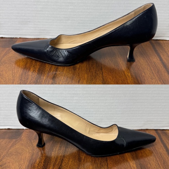 Manolo Blahnik Navy Leather Pointed Toe Kitten Heels EU 38 - Picture 5 of 9